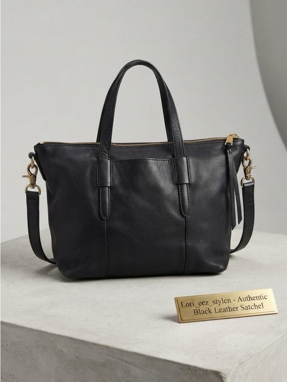 Fossil Black Leather Satchel with Gold Hardware